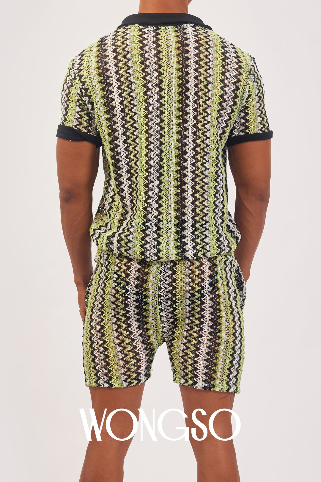 WONGSO men's sheer knit shorts in green styled for pride