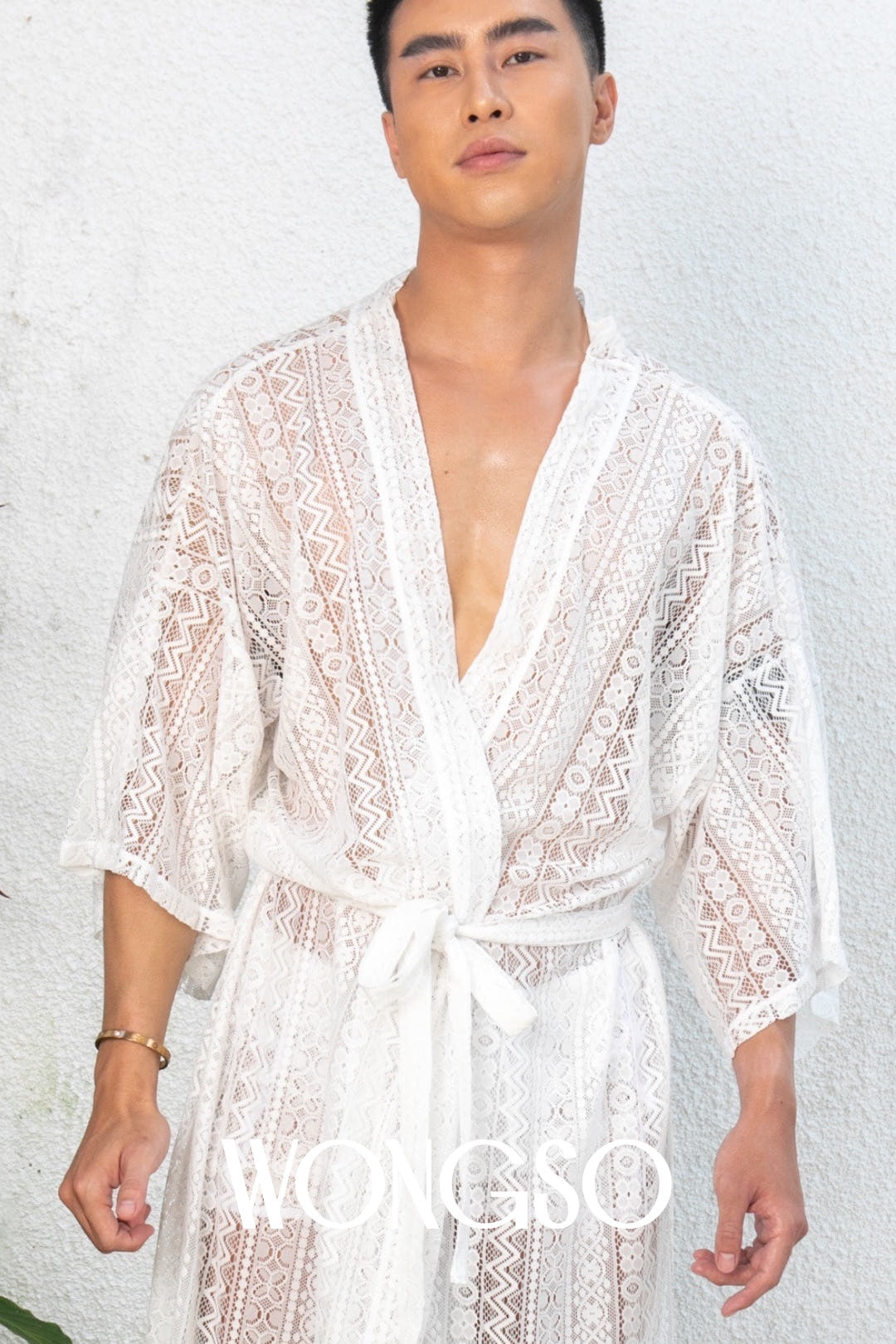 White lace kimono for men styled as layered lace loungewear