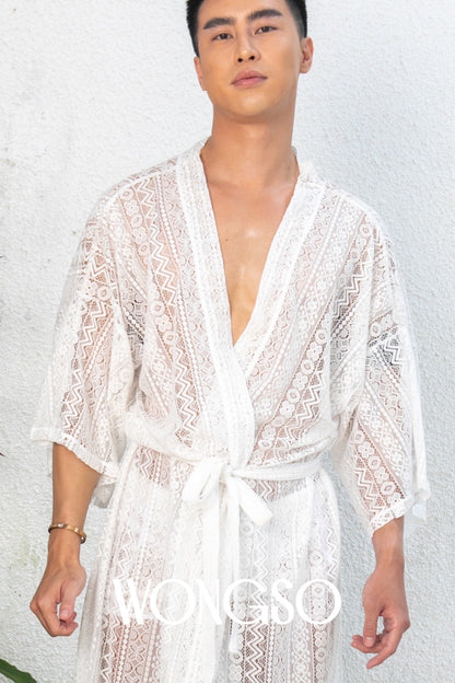 White lace kimono for men styled as layered lace loungewear