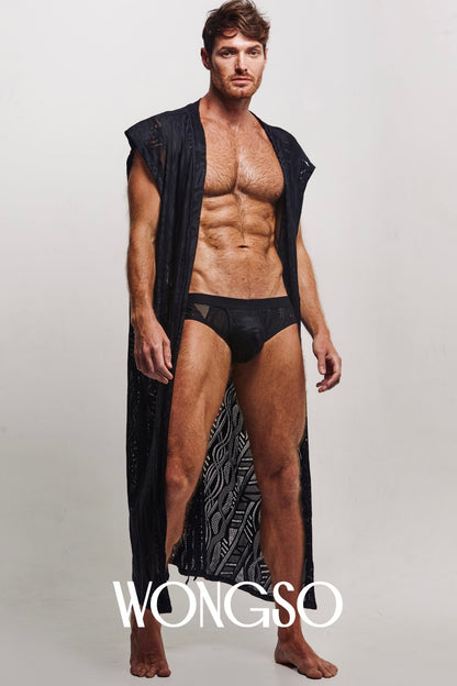 Flowing black batik kimono by WONGSO styled with matching batik layers
