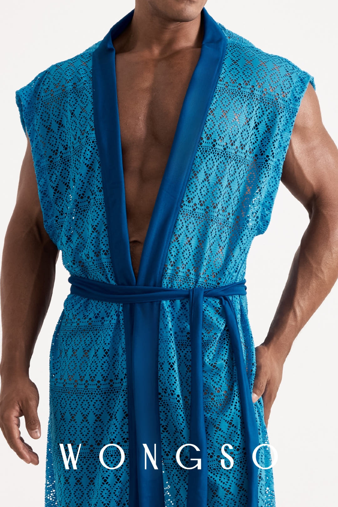 Close-up front view of the WONGSO Boheme Sheer Lace Kimono, solid blue structured lapel against breathable sheer geometric lace on a male model