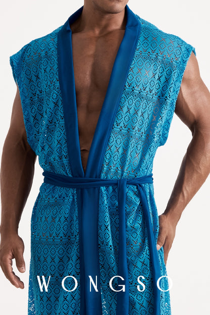 Close-up front view of the WONGSO Boheme Sheer Lace Kimono, solid blue structured lapel against breathable sheer geometric lace on a male model