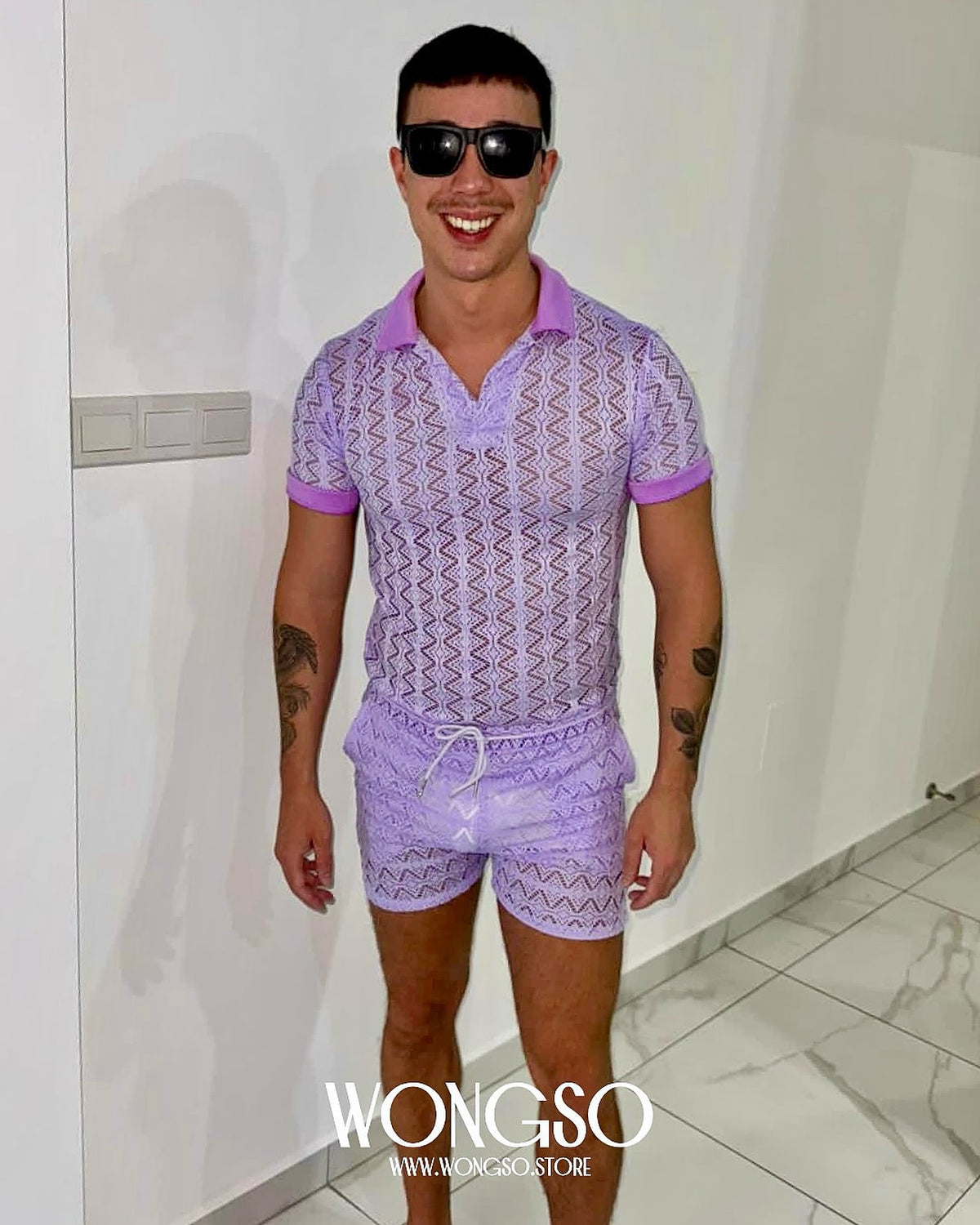 Model in the Lilac lace polo and shorts