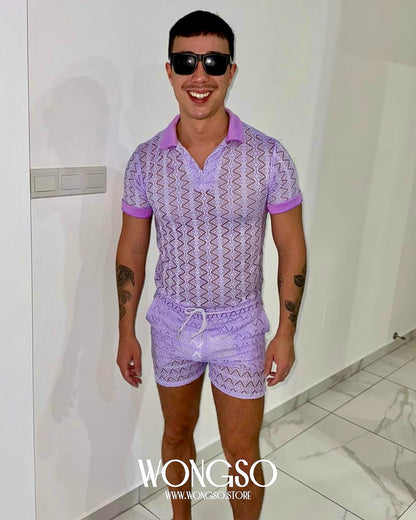 Model in the Lilac lace polo and shorts