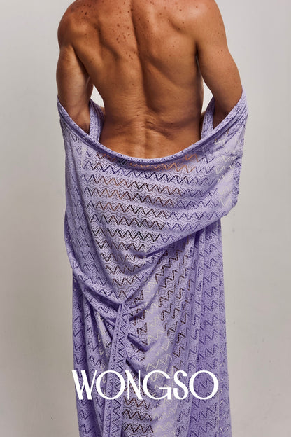 Close-up back view of a male model wrapping the WONGSO Lilac Sleeveless Kimono