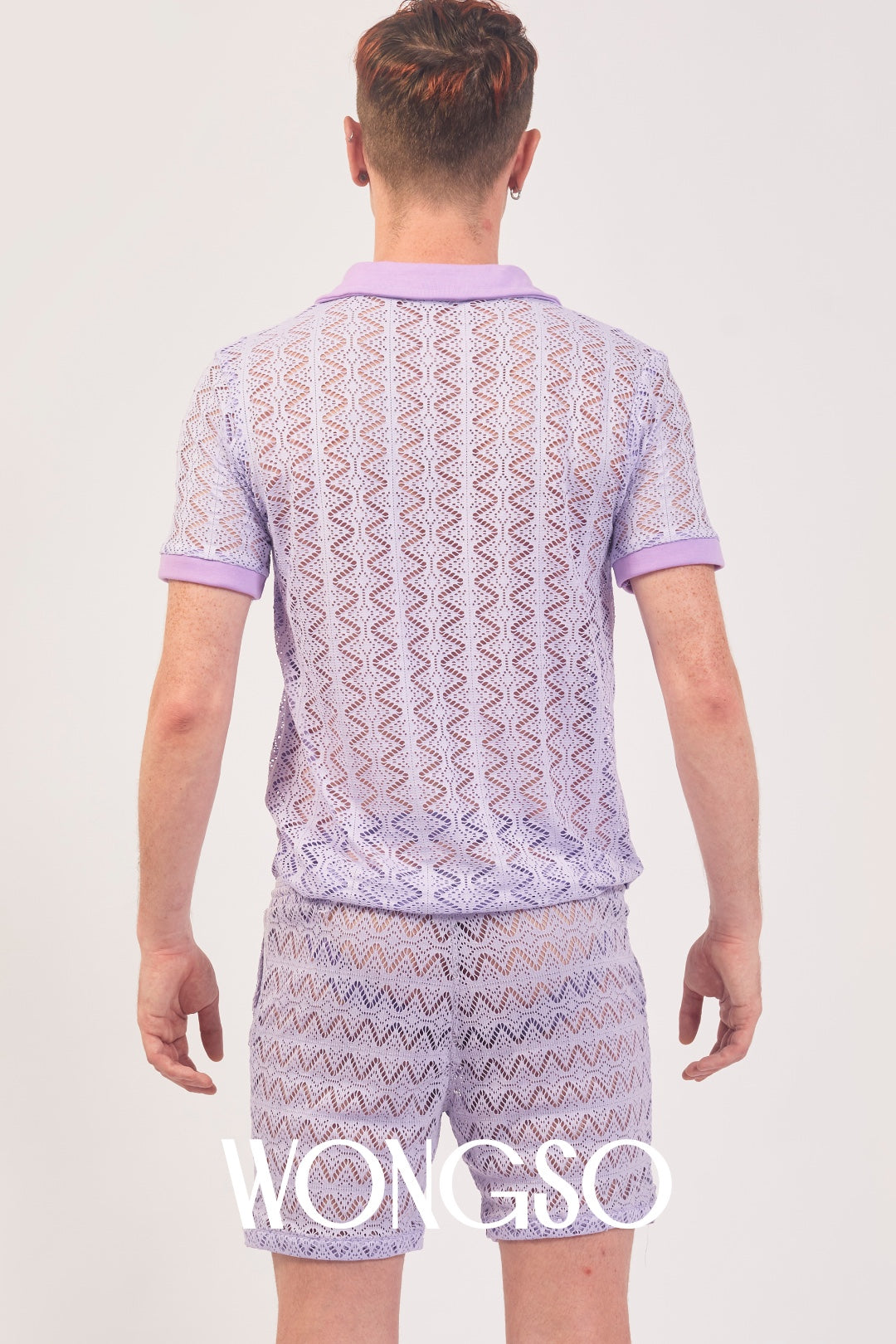 WONGSO Boheme Lace Polo Shirt in lilac, styled for gay pride and nightlife
