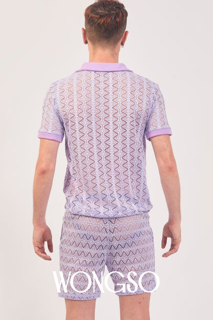 WONGSO Boheme Lace Polo Shirt in lilac, styled for gay pride and nightlife