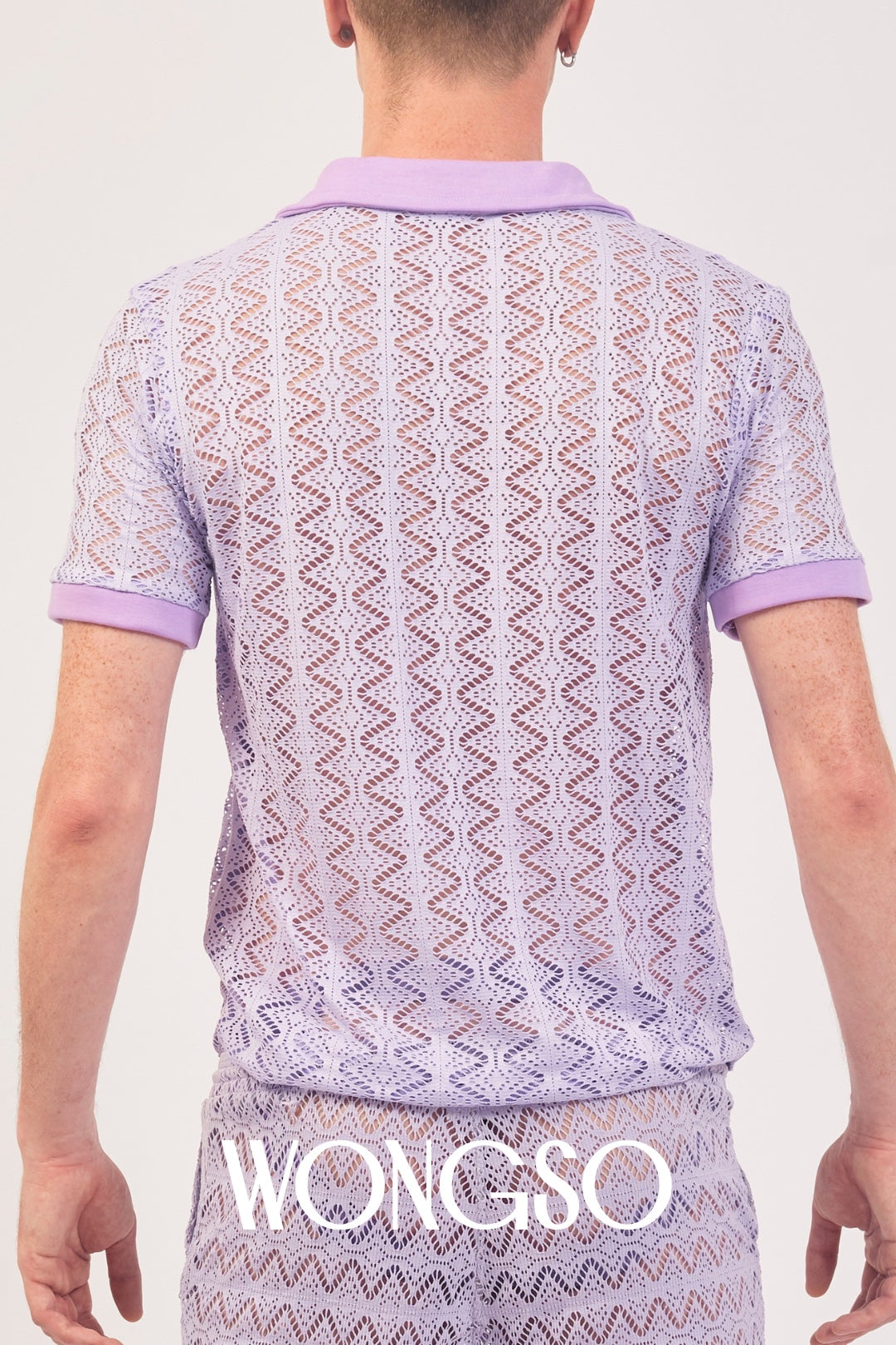 See-through lace polo for men in lilac by WONGSO, styled for summer festival or pride looks