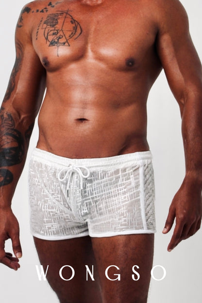 Close-up front view of the silver-thread mesh texture on WONGSO's sheer men's shorts