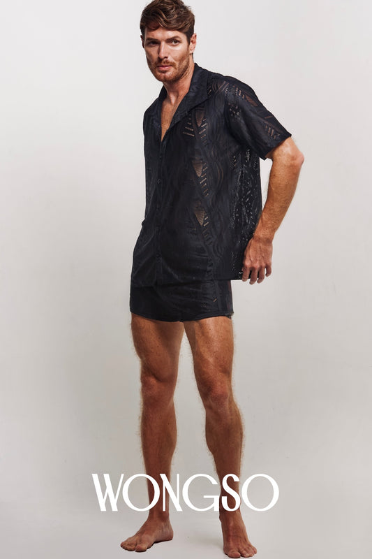 Front view of the WONGSO relaxed fit batik shirt in midnight black