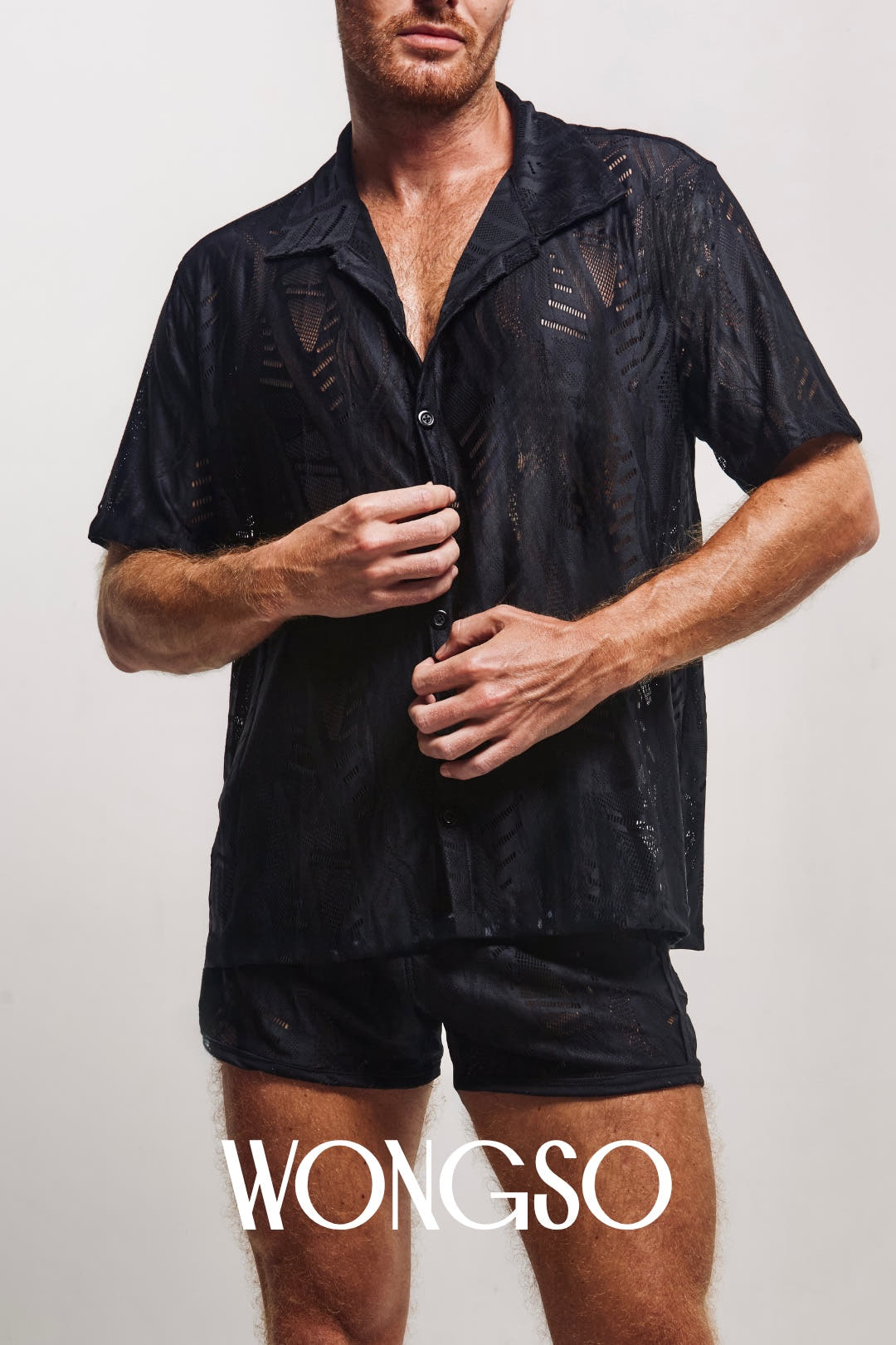 Close-up of the breathable batik-pattern fabric on WONGSO's relaxed fit shirt