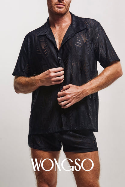 Close-up of the breathable batik-pattern fabric on WONGSO's relaxed fit shirt