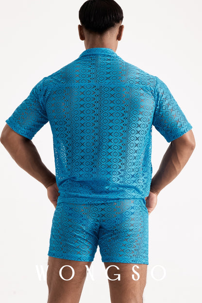 Full body back view of the WONGSO Boheme Sheer Lace Relaxed Shirt in Bali Blue on a male model, showing the tailored yet unrestrictive fit of the sheer blue lace