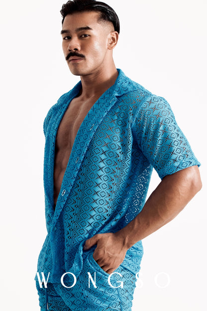 Close-up front view of the WONGSO Boheme Sheer Lace Relaxed Shirt, crisp camp-collar against breathable sheer geometric lace on a male model