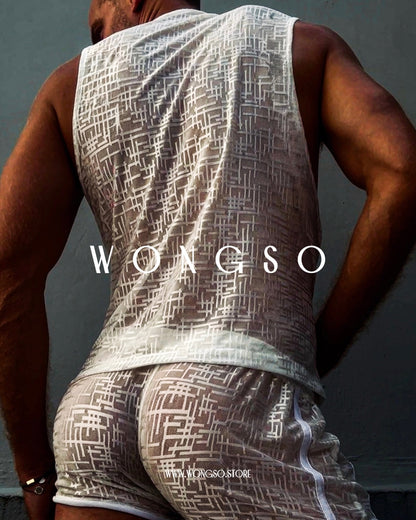 Model in the Silver White mesh tank and shorts, back view