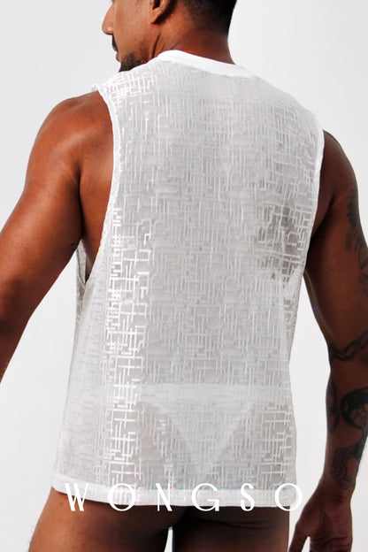 Close-up back view of the sheer woven silver-white fabric on WONGSO's Skank Tank