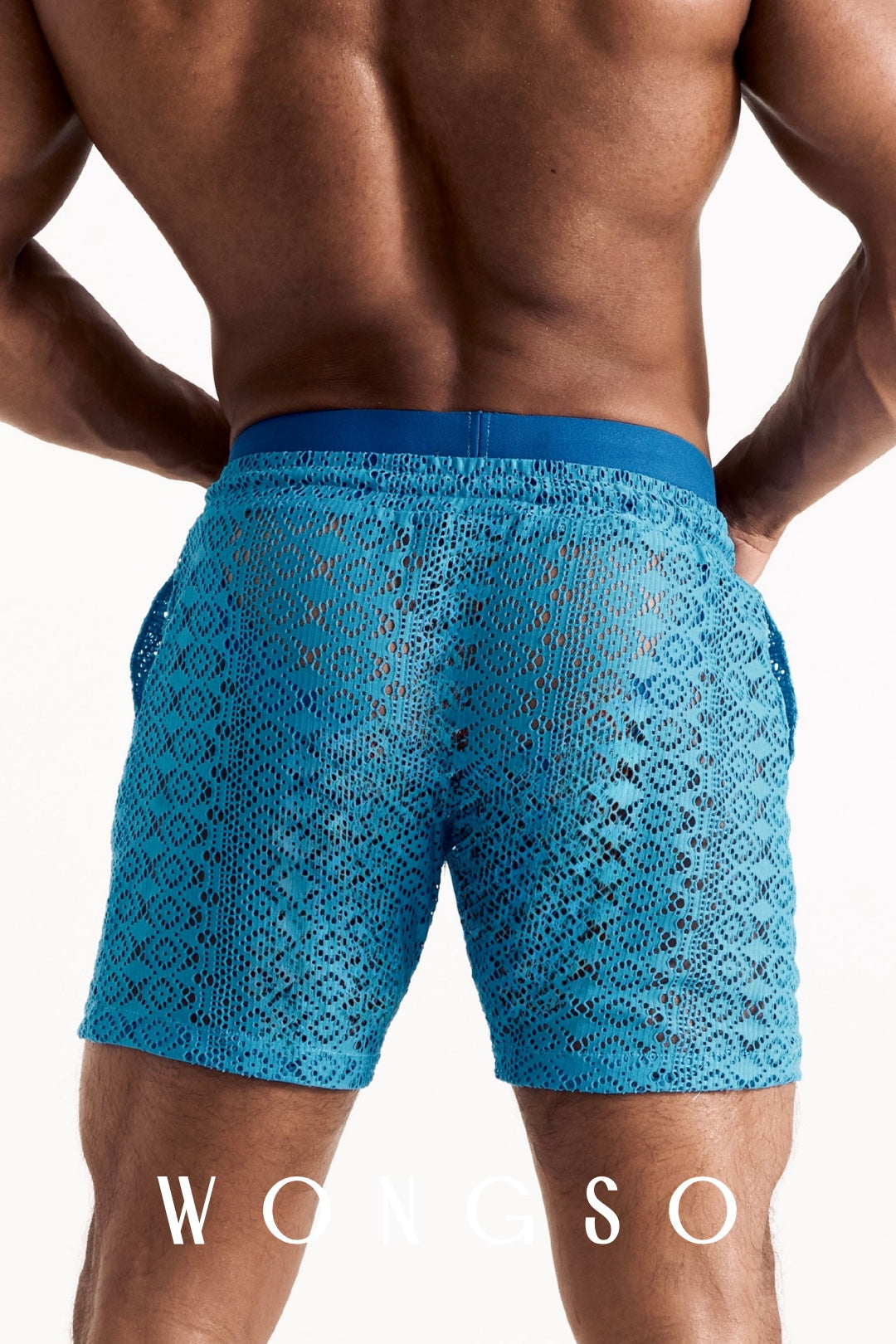 Close-up back view of the sheer blue lace WONGSO shorts, showing the geometric lace pattern and fit