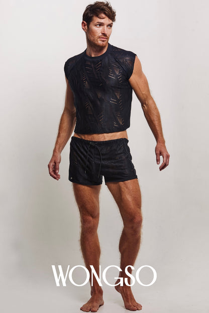 Men's sheer batik lace shirt by WONGSO - sleeveless and culturally reimagined