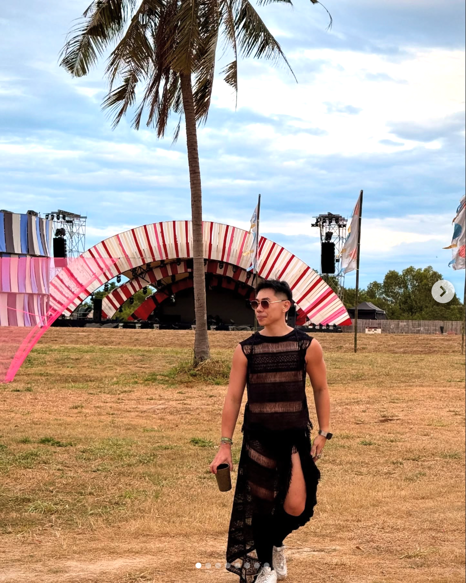 WONGSO founder at Wonderfruit Festival wearing the Fringe Black Mesh Tank Top and Fringe Black Lace Sarong styled as a skirt, December 2024