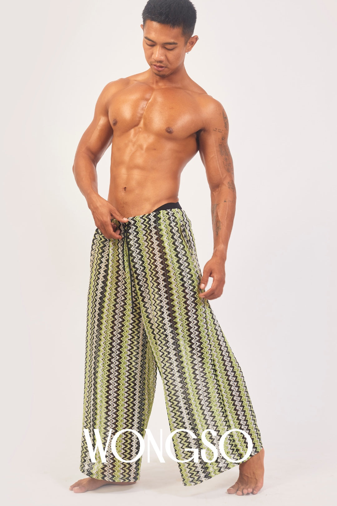 Front view of the WONGSO men's green knit wide leg pants